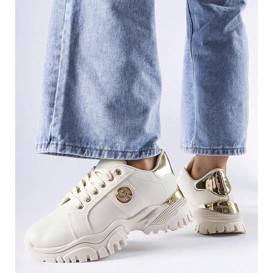 Chaussures de soccer à semelle épaisse mode et polyvalente en patchwork bicolore - Beige - Voir 1