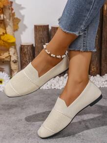 Mocasines planos de mujer tejidos, zapatos cómodos de punta cuadrada con slip-on, zapatos transpirables para mamá para primavera y otoño