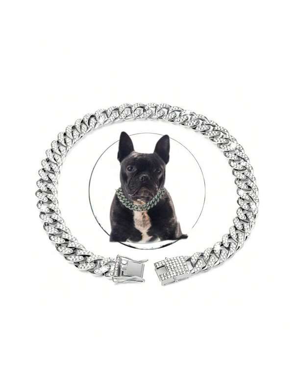 1pc Dog Chain Diamond Collar Walking Metal Chain Collar With Design Safety Buckle, Pet Metal Collar Jewelry Accessories Pet Dog Collar Necklace Inlaid Diamond Cuban Chain Dog Collar Dog Cat Chain Lock Gold Silver Cool (Different Batches Do Not Affect The Use And Appearance)