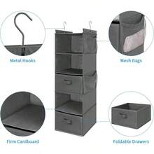 Organizador colgante de armario con 5 estantes Houser, ahorrador de espacio, estantes colgantes de tela con 4 bolsillos laterales, plegable, color negro - Gris - Ver 6