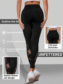 1 Stück Frühling/Sommer/Herbst/Winter neue Yoga 3/4 Leggings, Blumen Netz Patchwork mit geraffter Taille, atmungsaktive Casual Sportbekleidung Strumpfhose Schwarz - Schwarz - Übersicht 2