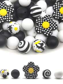 30 Silicone Beads, 15mm Printed Round Beads Paired With Loose Checkered Flower Spacer Beads, Suitable For Handmade DIY Jewelry Making, Bracelets, Necklaces, Keychains/Pen Beads, Mobile Phone Pendants, Bag Accessories, Birthday Gifts, And Gifts For Women.
