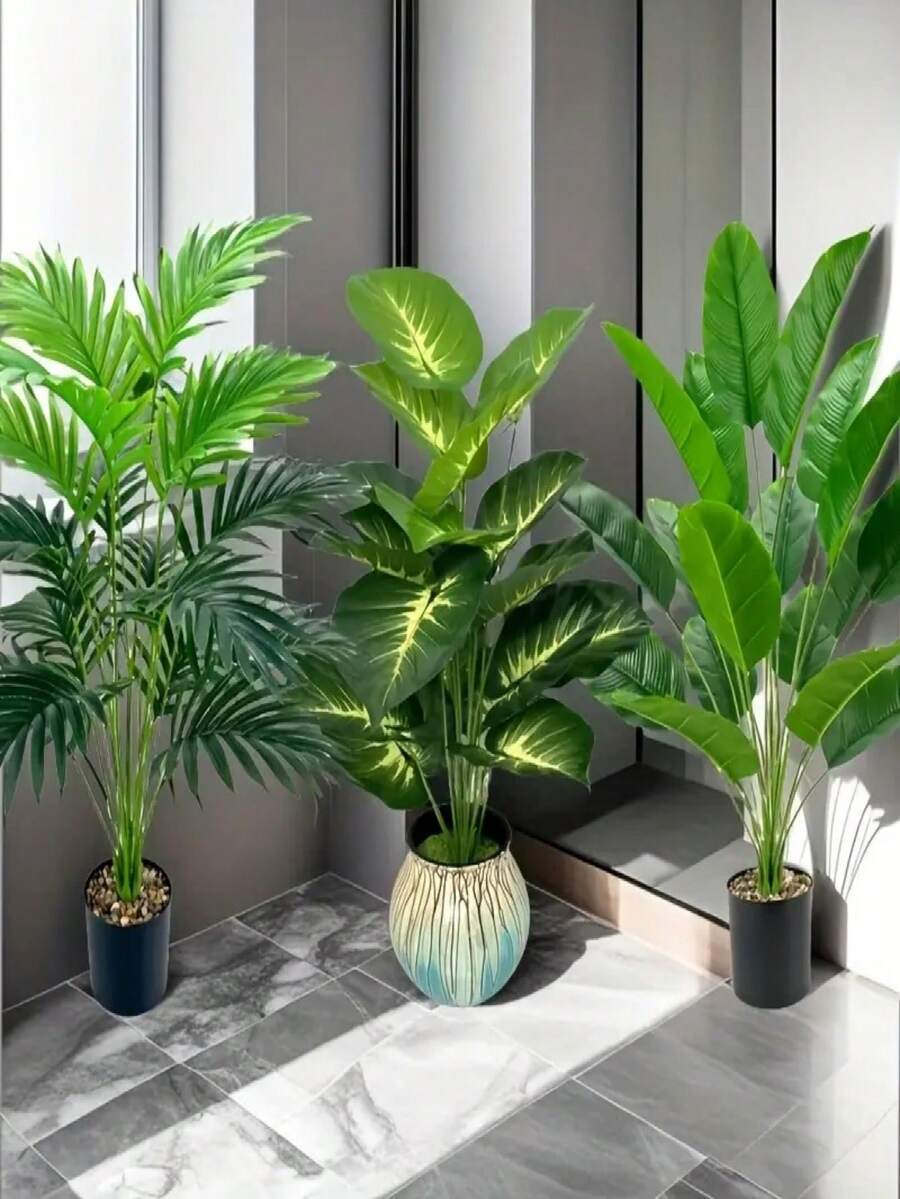 3pcs Artificial Potted Palm Trees, Plastic Planter, Indoor/Outdoor Decor, Floor Standing, Garden Decoration, Suitable For Spring, Thanksgiving, Various Room Types, Planter Not Included - Multicolor - View 1