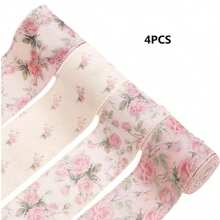 1pc/4pcs Pink Floral Wired Ribbon 2.5 Inch Vintage Rose Flower Ribbon For Bow Wreath Craft Gift Wrap Spring Summer Holiday Wedding Birthday Shower Party Home Decor