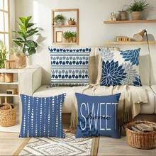 The Latest Best-Selling Blue Geometric Flower Series Pillowcases, 4-Piece Polyester Short Plush Sofa Cushion Set (Without Pillow Core)
