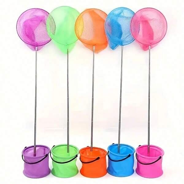 Set de 2 piezas: Red de pesca telescópica y cubo plegable - Ideal para actividades recreativas al aire libre en parque, playa o jardín para atrapar insectos, peces pequeños y camarones!