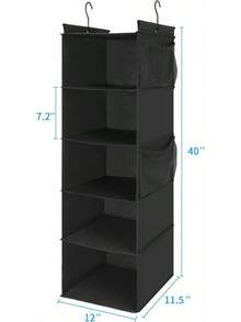 Organizador colgante de armario con 5 estantes Houser, ahorrador de espacio, estantes colgantes de tela con 4 bolsillos laterales, plegable, color negro - Gris - Ver 3