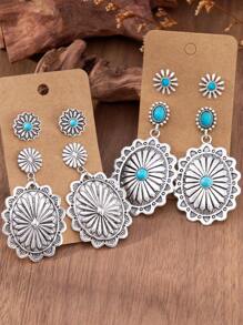 MONLOTTI 4 pièces/set Boucles d'oreilles pendantes rétro western, style cowboy avec motif géométrique et texture totémique, style bohème exagéré créatif, ensemble de bijoux pour femmes, cadeau de fête des mères