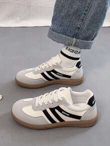 女士多功能撞色纯色学院风休闲鞋，平底防滑系带圆头橡胶底休闲运动鞋，黑色撞色设计，适合日常穿着，舒适休闲鞋，尺码36-41，时尚