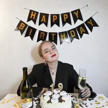 1 套黑色生日快乐纸质彩旗，带金箔字母，现代金属字母图形挂饰，适合生日派对，黑色和金色生日装饰，适合室内悬挂，摄影道具 - 彩色 - 查看 7
