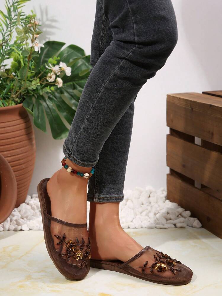 Women's Coffee Coloured Mule Slip-On Slippers, Elegant Openwork Embroidered Backless Flat Slides, Casual Indoor/Outdoor Breathable Comfortable Sandals,Spring Summer Outfits - Coffee Brown - View 5