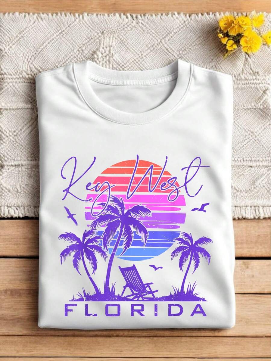 Key West Florida Shirt, Beach View T-Shirt, Summer Vacation Tee, Island Adventure Tees, KeY West Travel Souvenir Shirts, Summer Vibes Shirt, BS-3673 - White - View 1