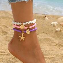 1 Peça Tornozeileira de Estilo Oceânico com Concha, Turquesa Multicamadas, Ornamentos de Pé Contas de Argila Macia Praia Estrela do Mar Cascalho para Mulheres