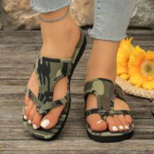 New Women's Summer Fashionable Camouflage Flat Bottom Herringbone Flip Flops, Super Lightweight Non Slip Slippers, Suitable For Leisure Vacation, Beach Walking, And Home Use - 軍綠色 - 查看 1