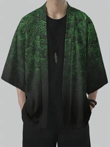 Men's Olive Green Floral Retro Pattern Kimono Style Clothing, Lightweight Casual Beach Top, Loose Fit, Polyester Material