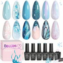Beetles Shimmer Gel Nail Polish Set - 6 Colors Purple Glitter Blue Green Mermaid Pastel Nail Gel Drawing Soak Off Uv Led Needed With Pastel Sticker - 0-0-Ice Blue Gel Nail Polish - 查看 1