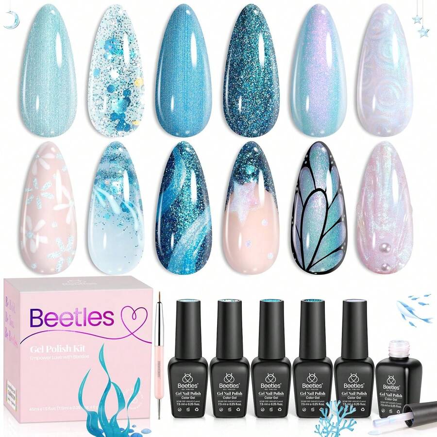 Beetles Shimmer Gel Nail Polish Set - 6 Colors Purple Glitter Blue Green Mermaid Pastel Nail Gel Drawing Soak Off Uv Led Needed With Pastel Sticker - 0-0-Ice Blue Gel Nail Polish - 查看 1