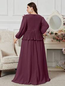 SUPGIR Round Neck Long Sleeve Gathered Front High-Low Hem Hazy Blue Party Dress With 2 In 1 Design - Red Violet - View 3