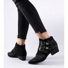 Women's Stylish Black Studded Ankle Boots With Buckle Details Rocker Chic Pointed Toe Booties - Black - View 3