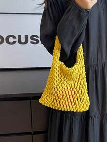 1 pieza Bolsa de malla de poliéster con base de punto de unicolor, ligera, espaciosa, diseño lindo y elegante, adecuada para mujeres, estudiantes, maestros como regalo, uso diario, viajes, todo el año - Amarillo - Ver 2