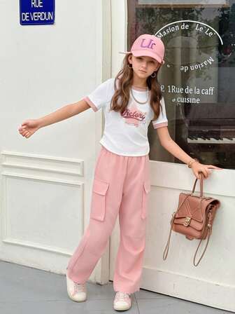 2 件套儿童/青少年女孩撞色短袖套装、星星印花 T 恤和工装裤、休闲夏季服装