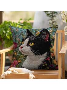 1pc Bohemian Style 2D Printed Cat Garden Throw Pillow Case, Double-Sided Printing, Machine Washable, Zipper Closure, Polyester Woven, 18"X18", Includes Insert (Pillow Insert Not Included)