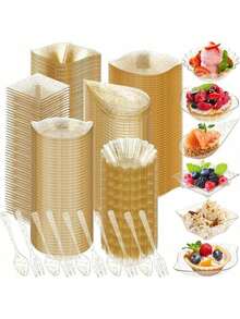 1200 Pcs Mini Plastic Dessert Plates Set Including 600 Pcs 6 Shapes Appetizer Plates Dessert Bowls With 300 Pcs Spoons 300 Pcs Forks For Party Wedding(Gold) - Gold - View 1