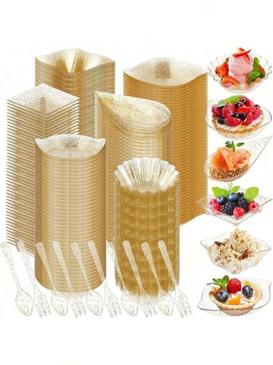 1200 Pcs Mini Plastic Dessert Plates Set Including 600 Pcs 6 Shapes Appetizer Plates Dessert Bowls With 300 Pcs Spoons 300 Pcs Forks For Party Wedding(Gold) - Gold - View 1