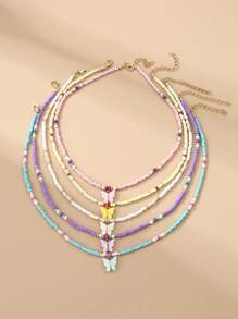 Set de 5 collares con cuentas con forma de corazón y flor para niñas