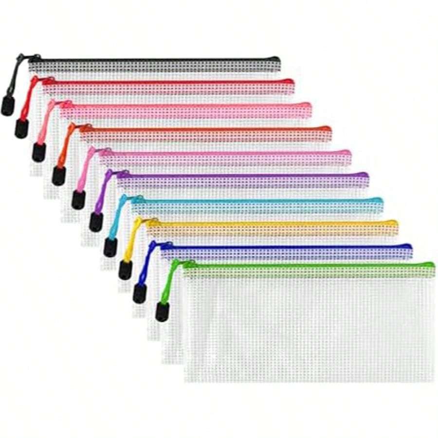 10个装透明铅笔盒，网状拉链文件袋，防水旅行收纳袋，适用于存放学习用品、账单、化妆品、文具和旅行配件，返校必备，铅笔盒，书包