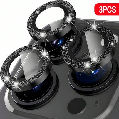 3pcs Black Glitter Metal Ring Camera Lens Protector For IPhone 17 Pro Max / 17 Pro / 17 Air / 17 / 16 Pro Max / 16 Pro / 15 Pro Max / 15 Pro / 14 Pro / 13 Pro / 12 Pro / 11 Pro Max: 9H Anti-Scratch Tempered Glass – Case Friendly Design & Anti-Fingerprint Coating For Luxury Aesthetic & Night Photography (Bubble-Free Kit & Flash-Compatible HD Clarity)