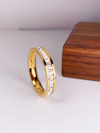 1pc Stainless Steel Starry Crystal Inlaid Fashionable Non-Fading Ring, Elegant Couple Rings Suitable For All Seasons