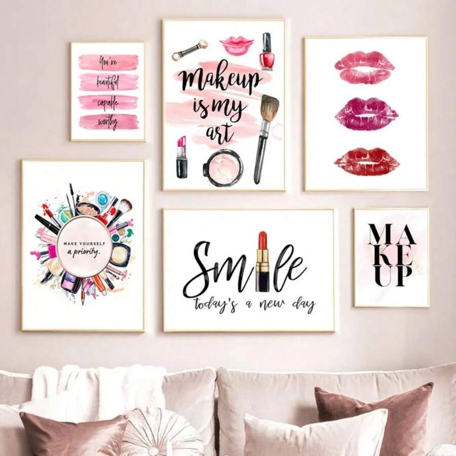 Stampa su tela con cartellone di moda, pennelli per trucco a forma di rossetto, quadro artistico pittura cosmetici, immagini di bellezza, cartellone per camera da ragazza, decorazione per la casa, opzionale con cornice