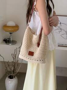 Beach Vacation Woven Tote Bag, 2025 New Hollow Out Shoulder Bag, Large Capacity Commuter Shopper Handbag