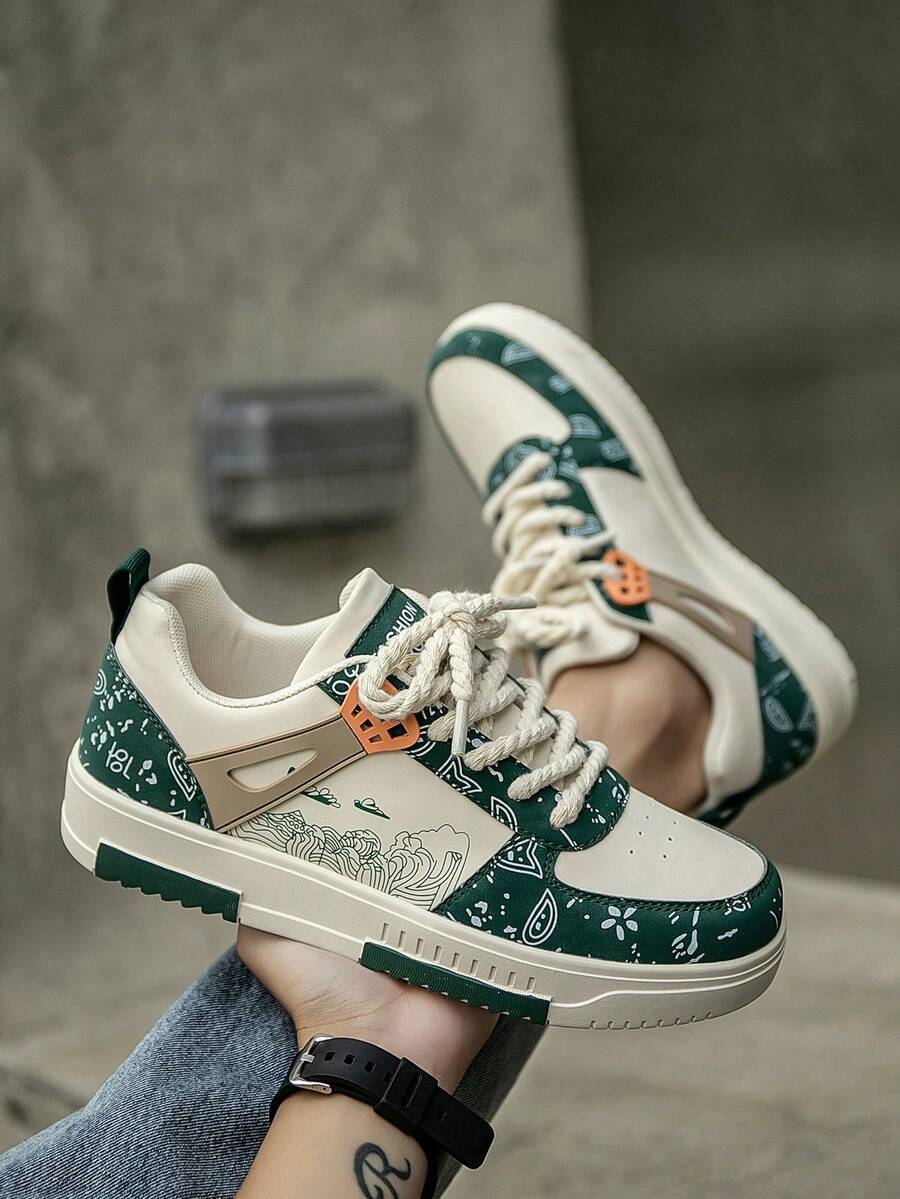 男士时尚个性撞色拼接随机印花舒适运动鞋，休闲户外情侣滑板鞋，适合日常穿着，搭配运动牛仔裤