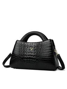 1 件时尚鳄鱼纹仿皮斜挎包 - 纯色大容量单肩包，拉链开合，涤纶衬里，边缘涂漆细节，适合旅行和通勤