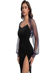 新款欧式轻薄长袖网眼透视新娘短上衣，简约性感透明新娘夹克秋季女士服装 - 藏青色 - 查看 6