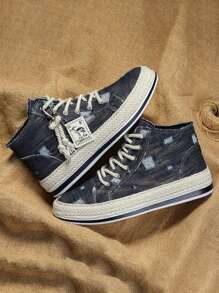 Men's Retro High-Top Skateboard Shoes, Comfortable Anti-Slip Casual Lace-Up Canvas Sneakers Suitable For Outdoor Activities