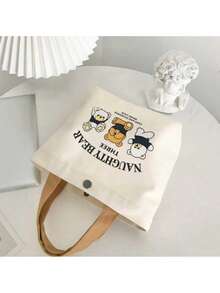 1个三熊帆布包，收纳袋，便携手提袋，午餐盒，小型卡通帆布包，多功能午餐盒包，简约风格，适合工作场合 - 米色 - 查看 3