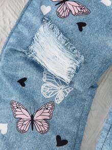 Conjunto de camiseta con estampado de lazo y pantalones con estampado de mezclilla sintética, estilo casual de moda para niña en verano