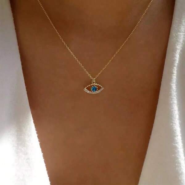 1 Stück goldene Böser-Blick-Kette, 14 Karat vergoldete zierliche Einzelstein-Halskette, minimalistischer Kupfer-Zirkonia Böser-Blick Einfache Kette für Frauen, goldener Schmuckgeschenk