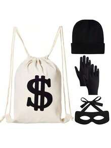 4pcs/Set Thief Outfit Including Canvas Bag, Gloves, Eye Mask, Hat, Costume For Burglar, Prisoner Role Play, Novelty Outfit, Unisex, Suitable For All Seasons Halloween - Multicolor - View 11