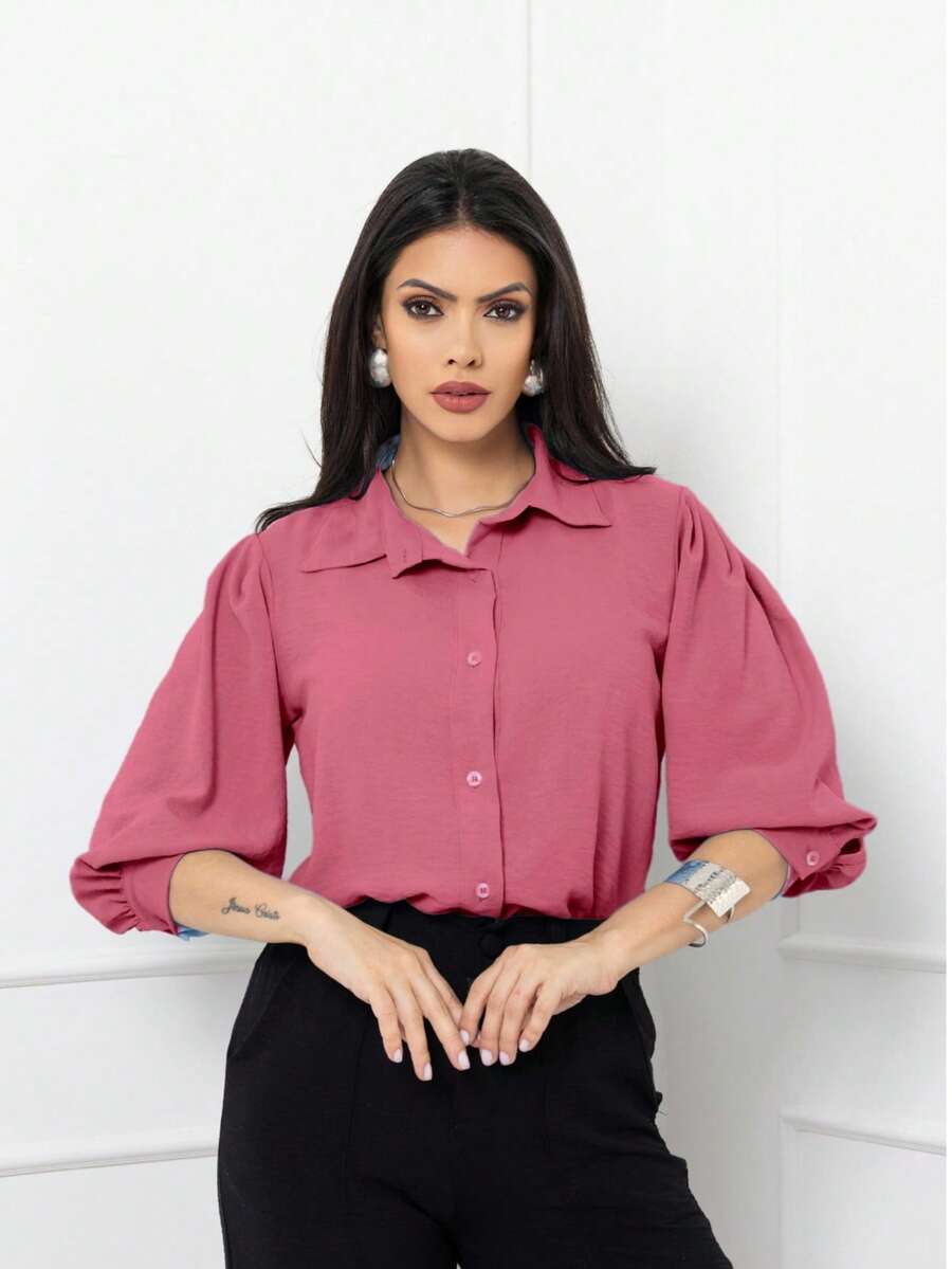 Women's Shirt Blouse 3/4 Sleeve With Button Dune Fabric - 粉色 - 查看 1