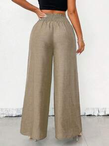 Women's High-Waisted Wide-Leg Pants With Gold Chain | Linen Style | S To L | New Release - Màu be - Xem 5