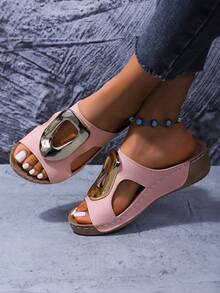 Dép đế xuồng mùa hè dành cho nữ, sandal đế dày khoét rỗng đính đinh tán, đế xuồng có thể điều chỉnh bằng khóa dán, gót đế xuồng thoải mái, thiết kế hở mũi, sandal thời trang màu trơn có các màu đen, trắng, xanh dương, tím, xanh navy, xám. - Hồng - Xem 4