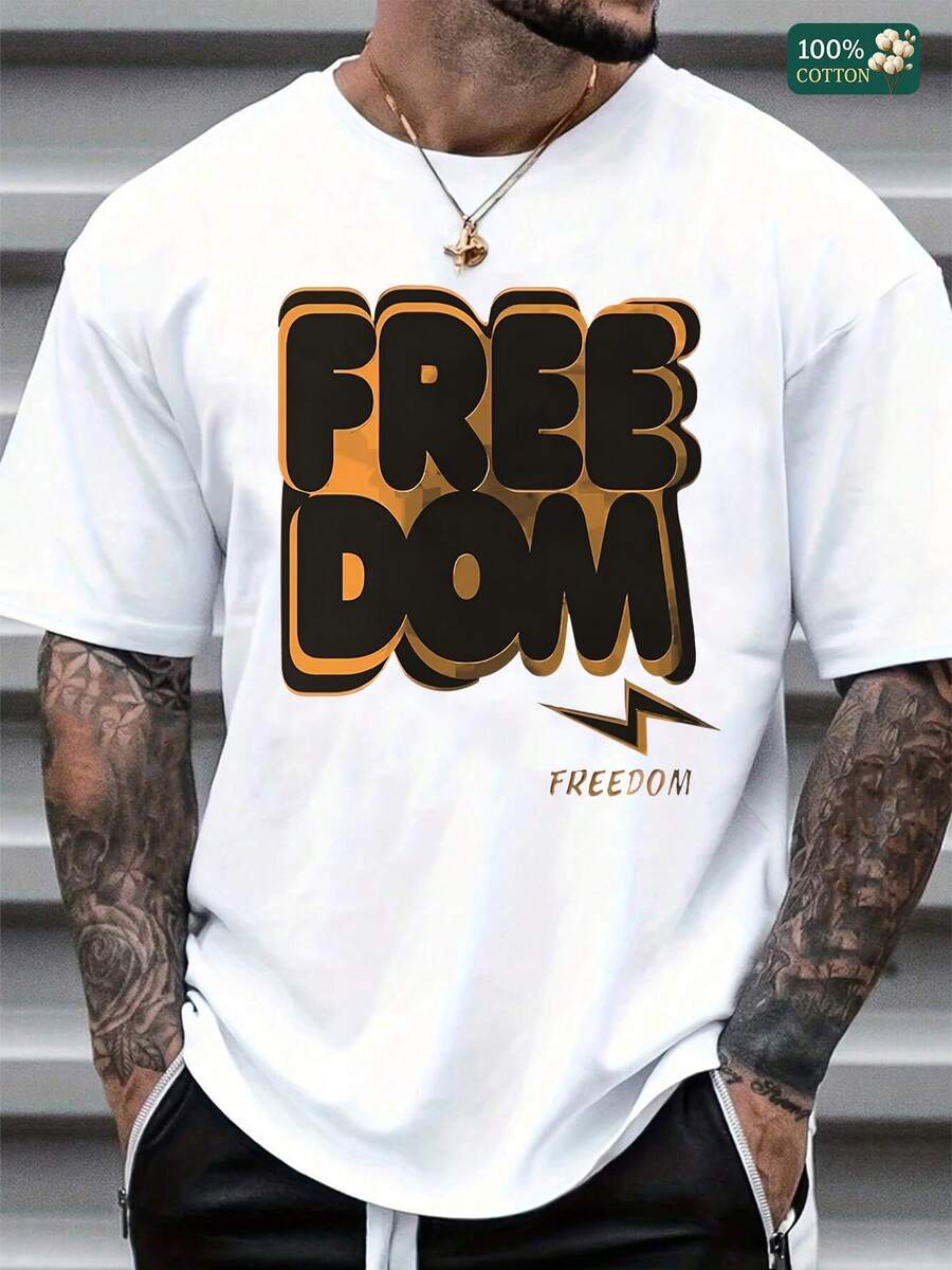 "Unisex 100% Cotton Round Neck Short - Sleeve T - Shirt - 'Freedom' Bold Graphic For Summer Men's Tops" - trắng - Xem 1