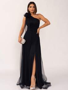 LONG WEDDING PARTY DRESS FOR GODMOTHER IN TULLE WITH FLOWER ON THE SHOULDER - NAVY BLUE - View 1