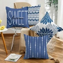 The Latest Best-Selling Blue Geometric Flower Series Pillowcases, 4-Piece Polyester Short Plush Sofa Cushion Set (Without Pillow Core)