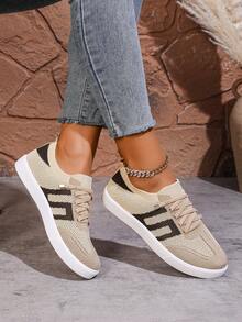 Elastic Knit Upper Outdoor Sports Shoes, Flat Bottom Breathable Sweat-Absorbing Contrasting Color Low-Top Women's Shoes, Convenient Stretch Shoelaces, Easy To Put On/Take Off, Round Toe Flat Sole Shoes, Suitable For All-Day Comfortable Outdoor Wear - Coffee Brown - View 3