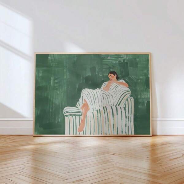 Stampa su tela orizzontale con opera d'arte contemporanea astratta di persone verde smeraldo, opera d'arte per pareti di soggiorno, stampa di donna a righe con cornice opzionale